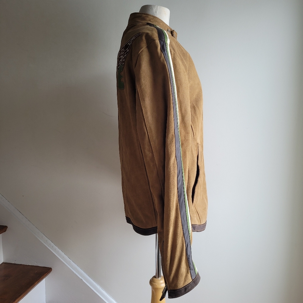 Vintage 90s MISS SIXTY Racer Moto Aviatior Suede Tan Jacket Brown Stripes M/L - Picture 8 of 15